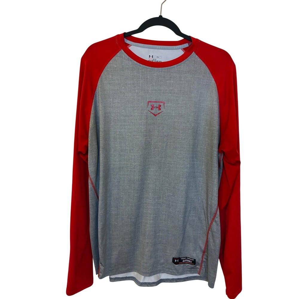 Under Armour HeatGear Baseball Fitted Long Sleeve Shirt Grey Red Mens XL